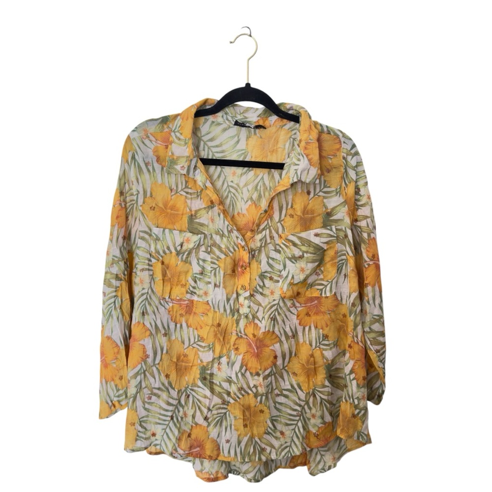 Alex & Parker 2X Lightweight Tropical‎ Floral Pattern V Neck  Blouse 3/4 Sle…